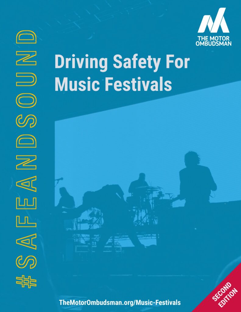 Front cover of The Motor Ombudsman's #SafeandSound guide for music festivals